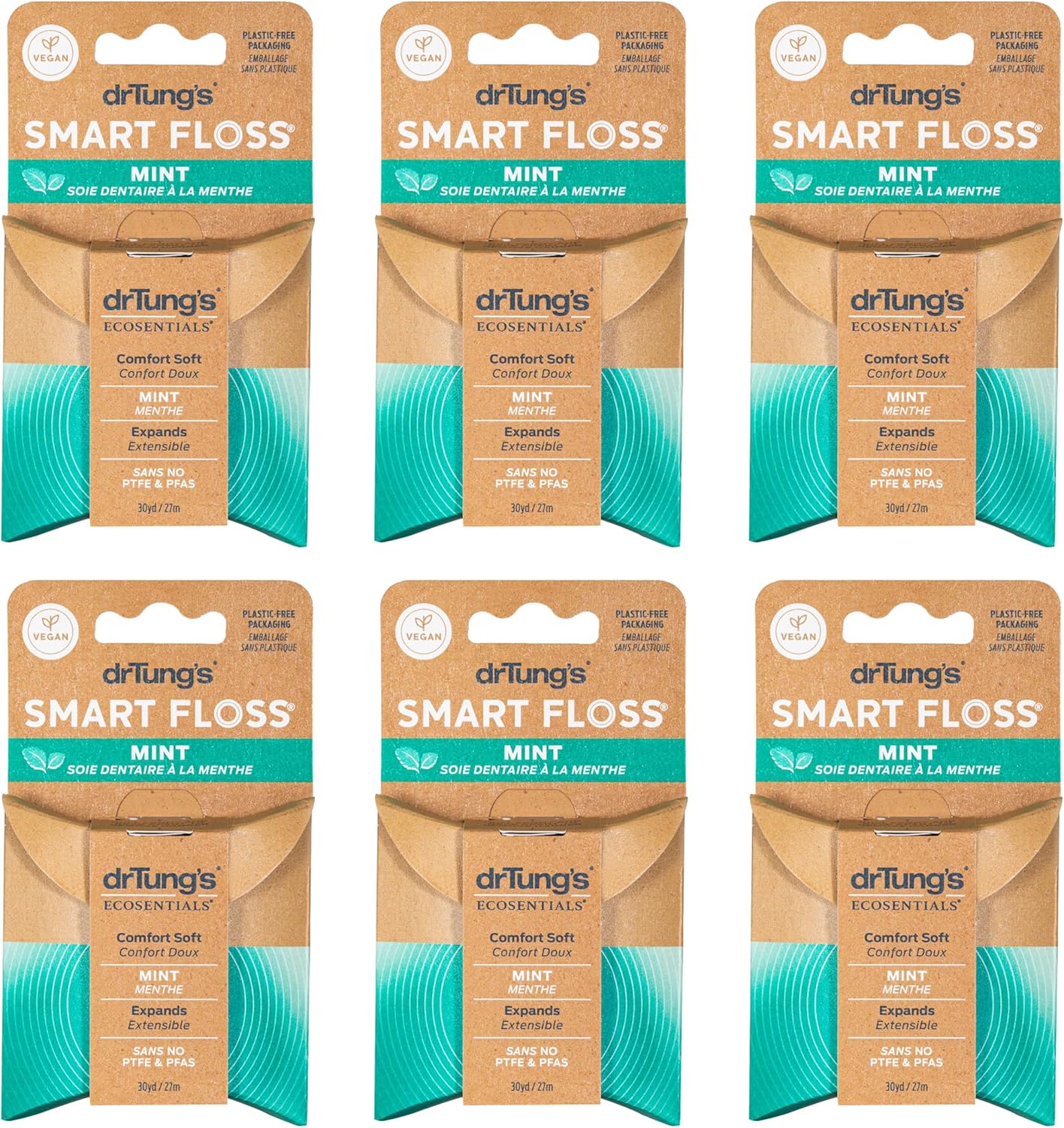 drTung's Smart Floss Mint for Teeth - Natural Expanding Dental Floss, Gentle on Tooth & Gums, Expands & Glides, PTFE & PFAS Free, Certified Organic Mint Essential Oils - Pack of 6