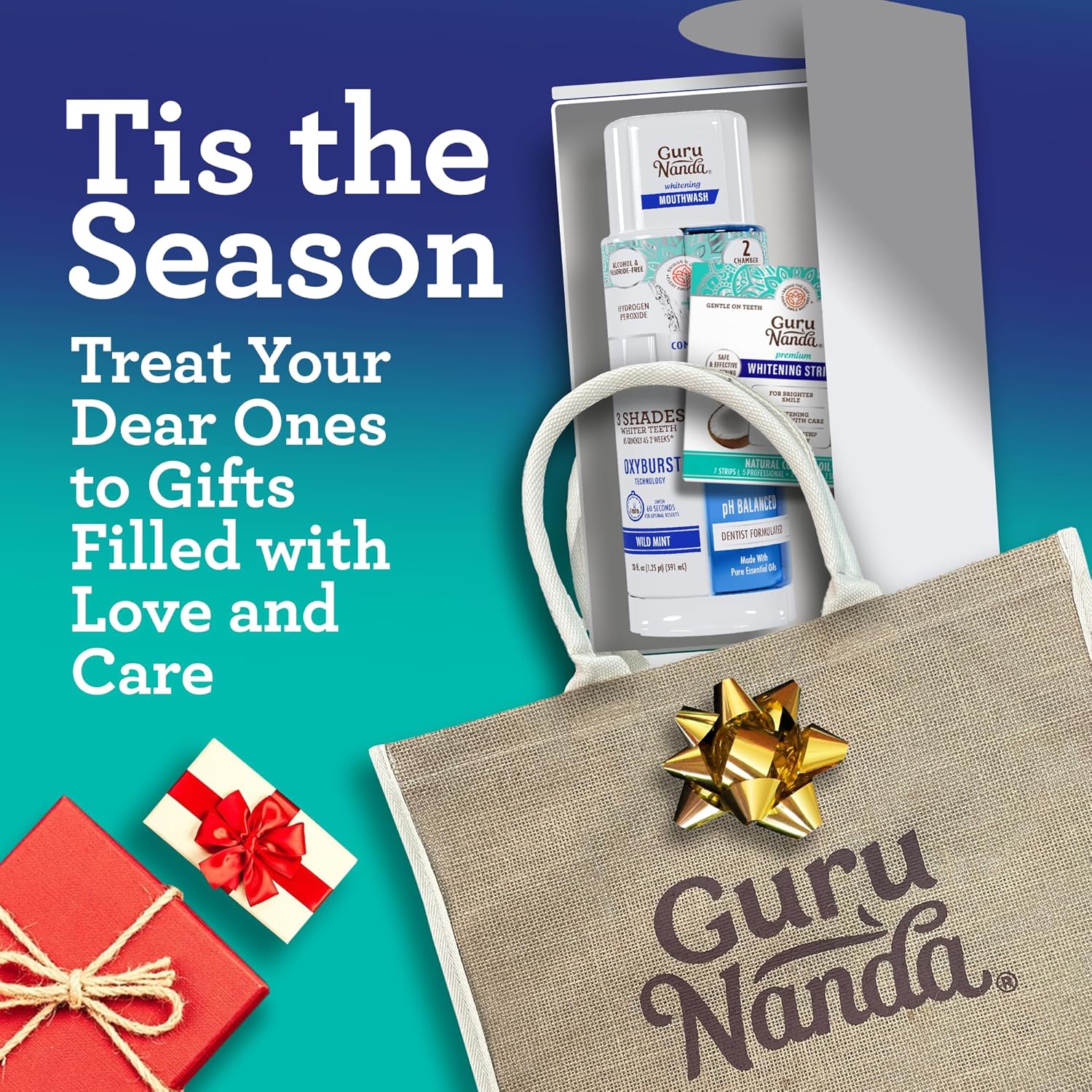 GuruNanda Whitening Wonder Duo, Dual Barrel Oxyburst Whitening Mouthwash 20 Oz & Teeth Whitening Strips with No Slip, Dry Strip Tech, 7 Day Treatments