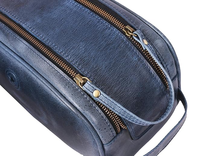 10" Premium Leather Toiletry Travel Pouch With Waterproof Lining | King-Size Handcrafted Vintage Dopp Kit By Aaron Leather Goods (Chestnut)