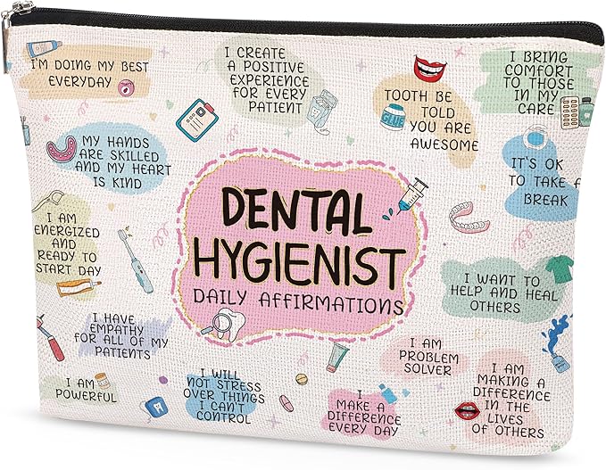 Dental Hygienist Gifts Makeup Bag for Women, Fun Cosmetic Pouch for Dental Assistant, Daily Affirmations Toiletry Bag, Lightweight Zipper Organizer for Work, Travel, Appreciation, Birthday