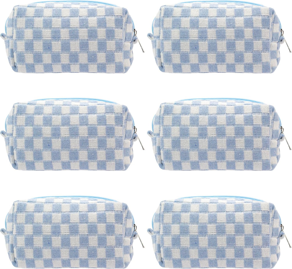 PAZIMIIK Checkered Makeup Bag for Purse Portable Zipper Make Up Pouch Small Cosmetic Case for Travel Accessories (6PCS Blue)
