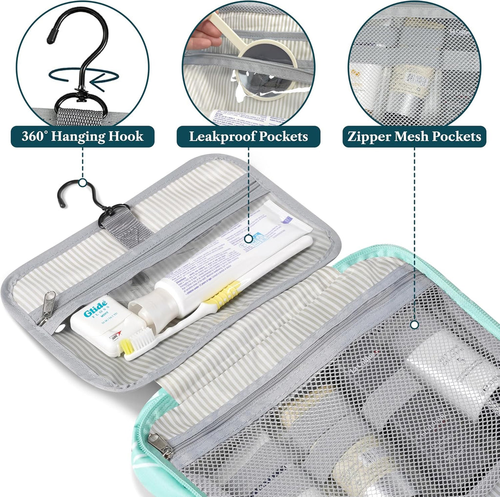 PAVILIA Hanging Toiletry Bag Travel Bag Women Men, Foldable Cosmetic Organizer, Roll up Makeup Bag, Water Resistant Accessories Toiletries, Large Travel Essentials Kit (Teal Chevron)