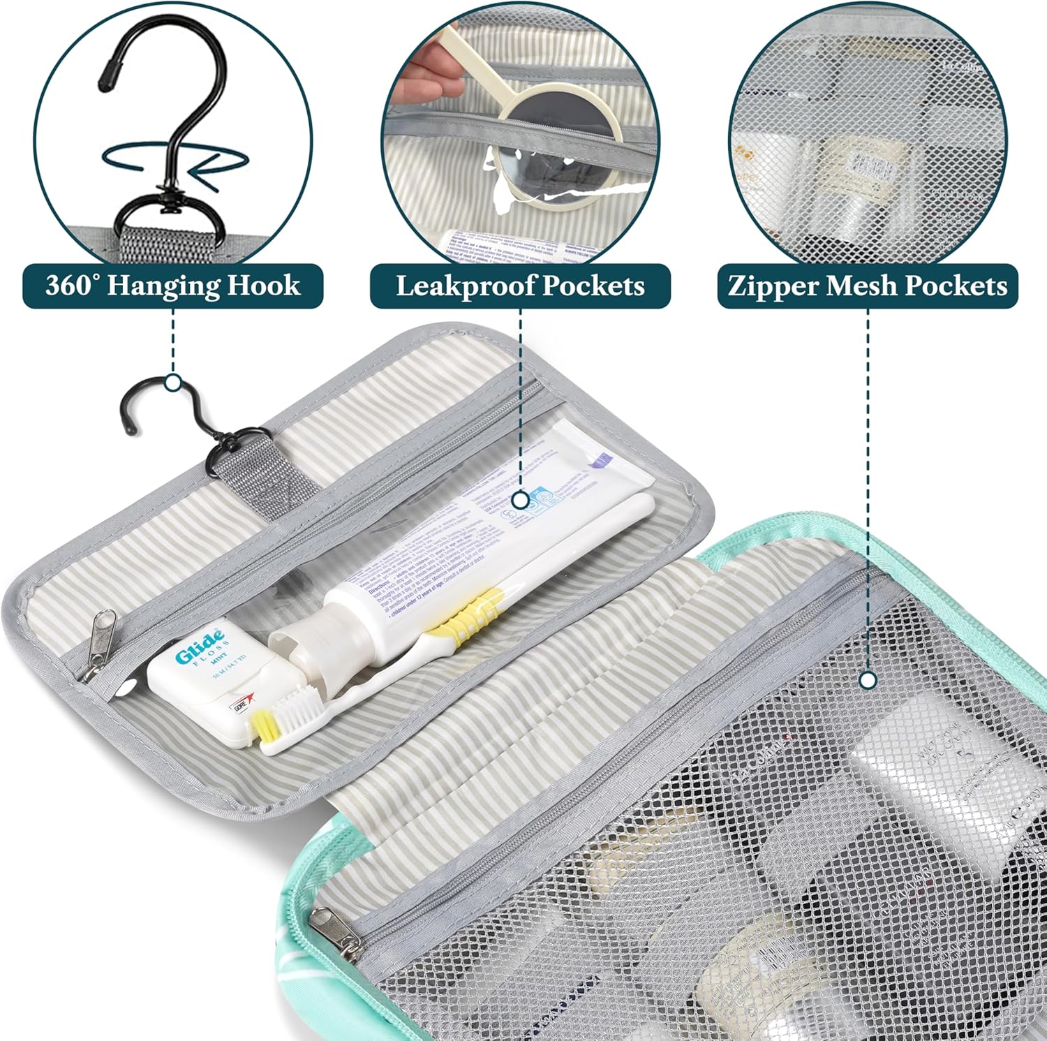 PAVILIA Hanging Toiletry Bag Travel Bag Women Men, Foldable Cosmetic Organizer, Roll up Makeup Bag, Water Resistant Accessories Toiletries, Large Travel Essentials Kit (Teal Chevron)