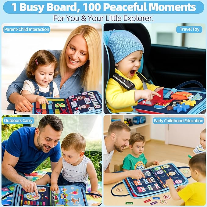 Toddler Busy Board Montessori Toys for 3 Year Old Birthday Gifts for Kids 10 Pages in 1 Soft Felt Activity Book Develop Fine Skills Educational Learning Sensory Travel Toys for Airplane Car