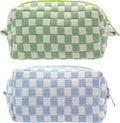 PAZIMIIK Checkered Makeup Bag for Purse Portable Zipper Make Up Pouch Small Cosmetic Case for Travel Accessories (2PCS Blue Light Green)