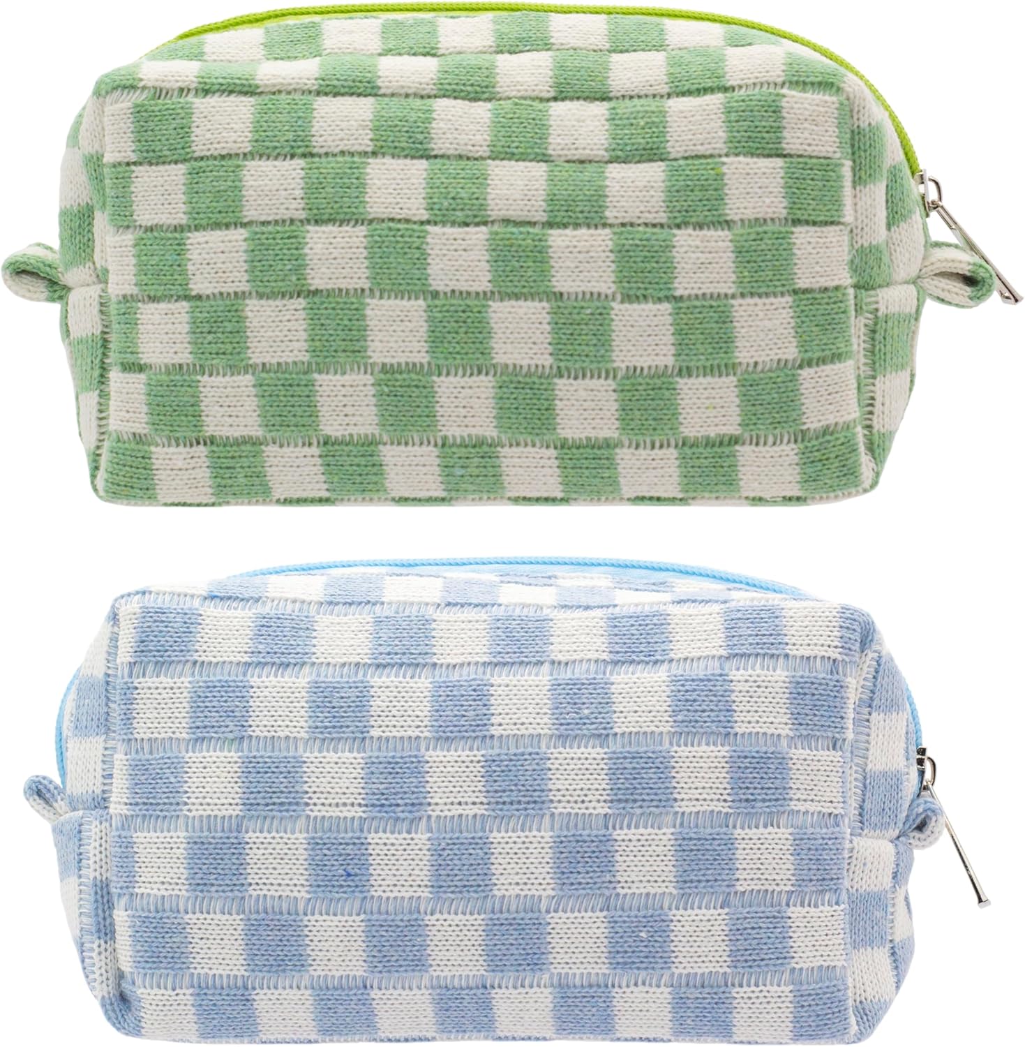 PAZIMIIK Checkered Makeup Bag for Purse Portable Zipper Make Up Pouch Small Cosmetic Case for Travel Accessories (2PCS Blue Light Green)