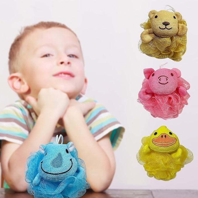 (4 Pack) Lovely Animal Design Kids Exfoliating Bath Scrubber Body Scrubber Shower Ball for Baby Toddler Kids Gentle Exfoliating Bath Sponge Loofah Pouf in Colorful Design (Joyful TERRICOLE)