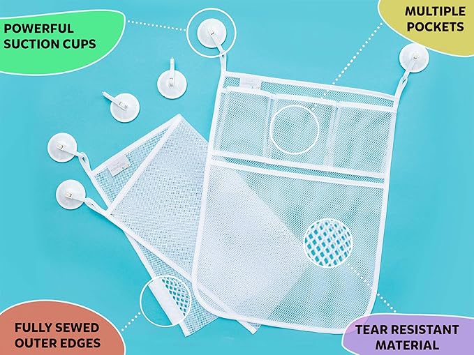 2 x Mesh Bath Toy Organizer + 8 Ultra Strong Hooks – The Perfect Bathtub Toy Holder & Bathroom or Shower Caddy – These Multi-use Net Bags Make Baby Bath Toy Storage Easy – For Kids & Toddlers