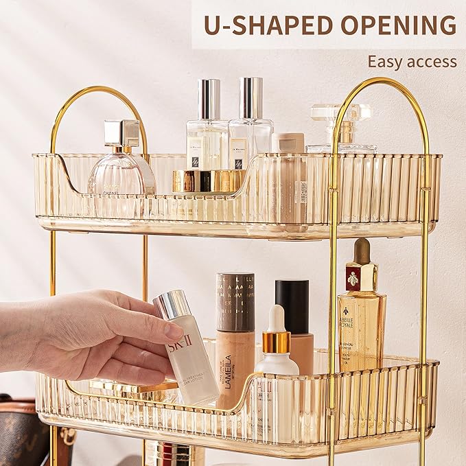 2 Tier Bathroom Organizer Countertop Makeup Perfume Tray Skincare Organizer for Bathroom Dresser Vanity (Gold)