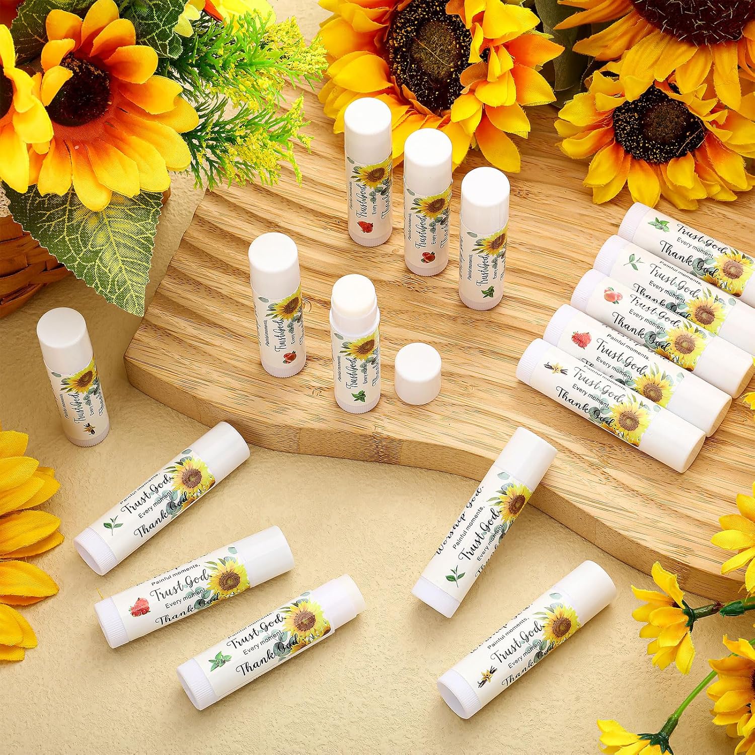 50 Pcs Christmas Christian Lip Balm Bulk Bible Verses Lip Balm Scripture Christian Gifts for Women Faith Religious Church Party Favor Inspirational Gift for Coworker Staff Employee(Sunflower)