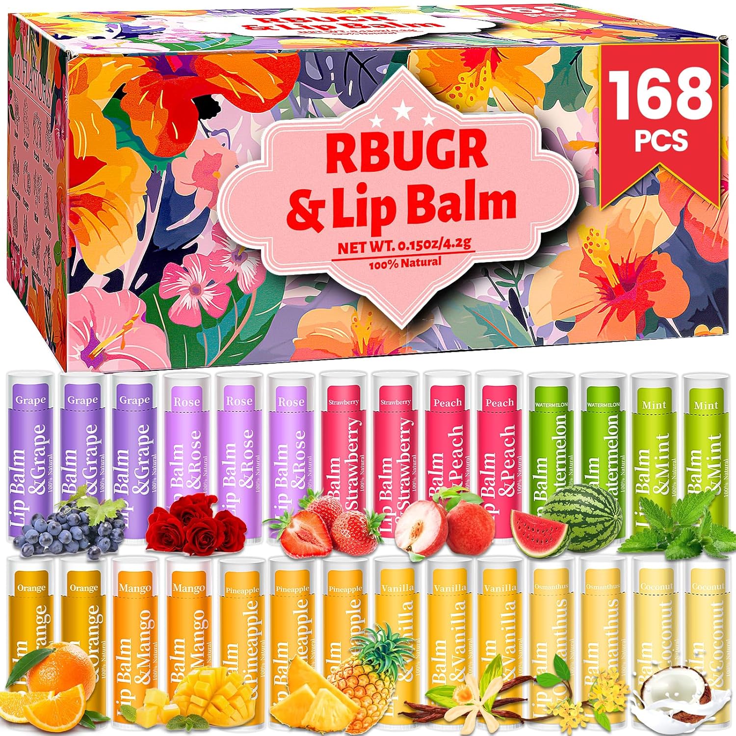 168 Pcs Lip Balms Bulk RBUGR 168 Pcs Lip Balm Bulk, 12 Flavored Lip Balm Pack for Women