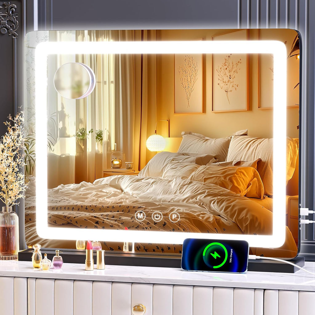 Makeup Vanity Mirror with USB Charging Port 28" x 22" Large LED Makeup Mirror, Desk Mirorr with Lights, Light up Mirror with 10X Magnification, Dimmable 3 Modes, Touch Screen Control Black