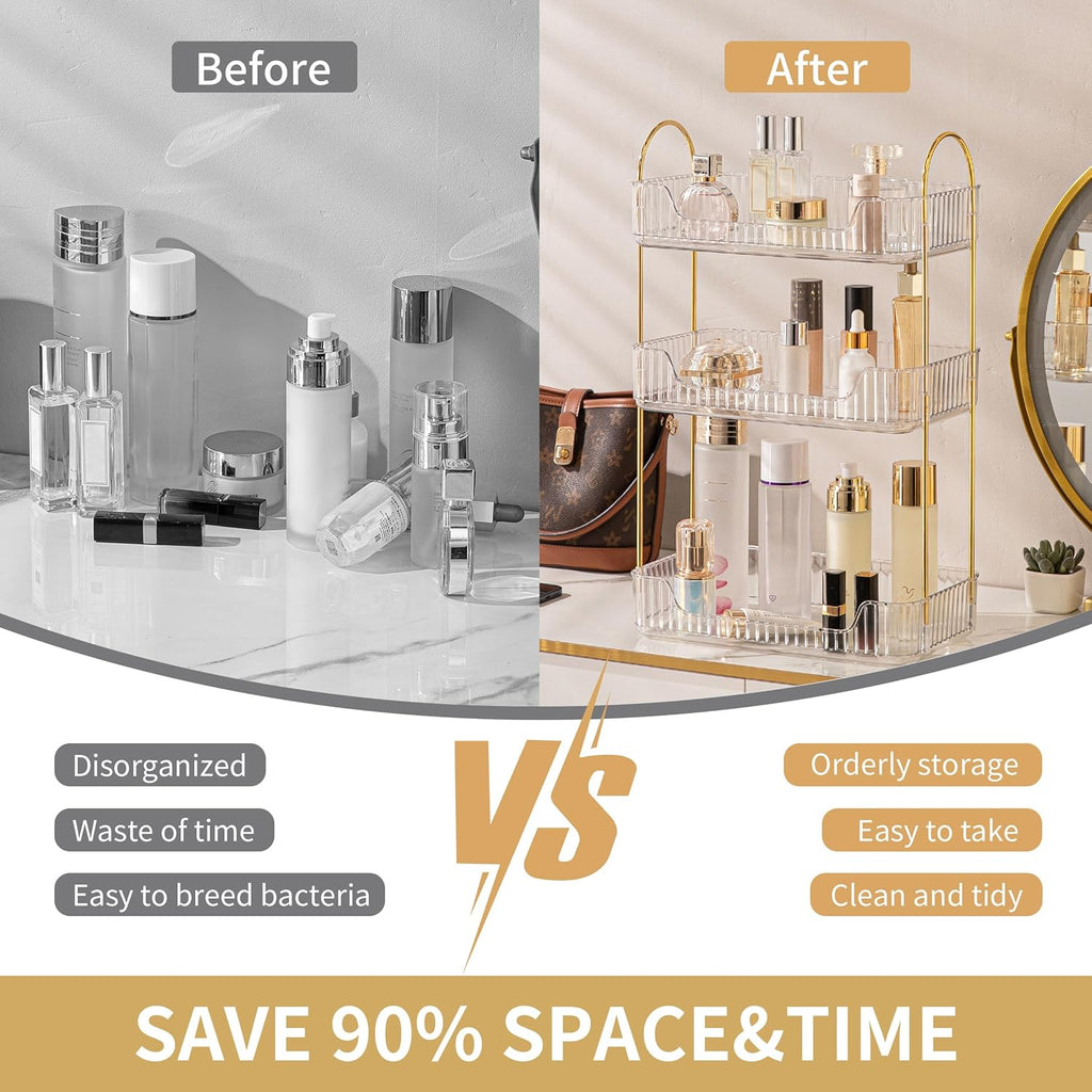 YCIA&DONE Bathroom Organizer Countertop, Makeup Storage, Skincare Cosmetic Tray Shelf, Perfume Holder Rack for Vanity Counter, Large Capacity, Easy to Install, Clean, 3 Tiers, Clear White