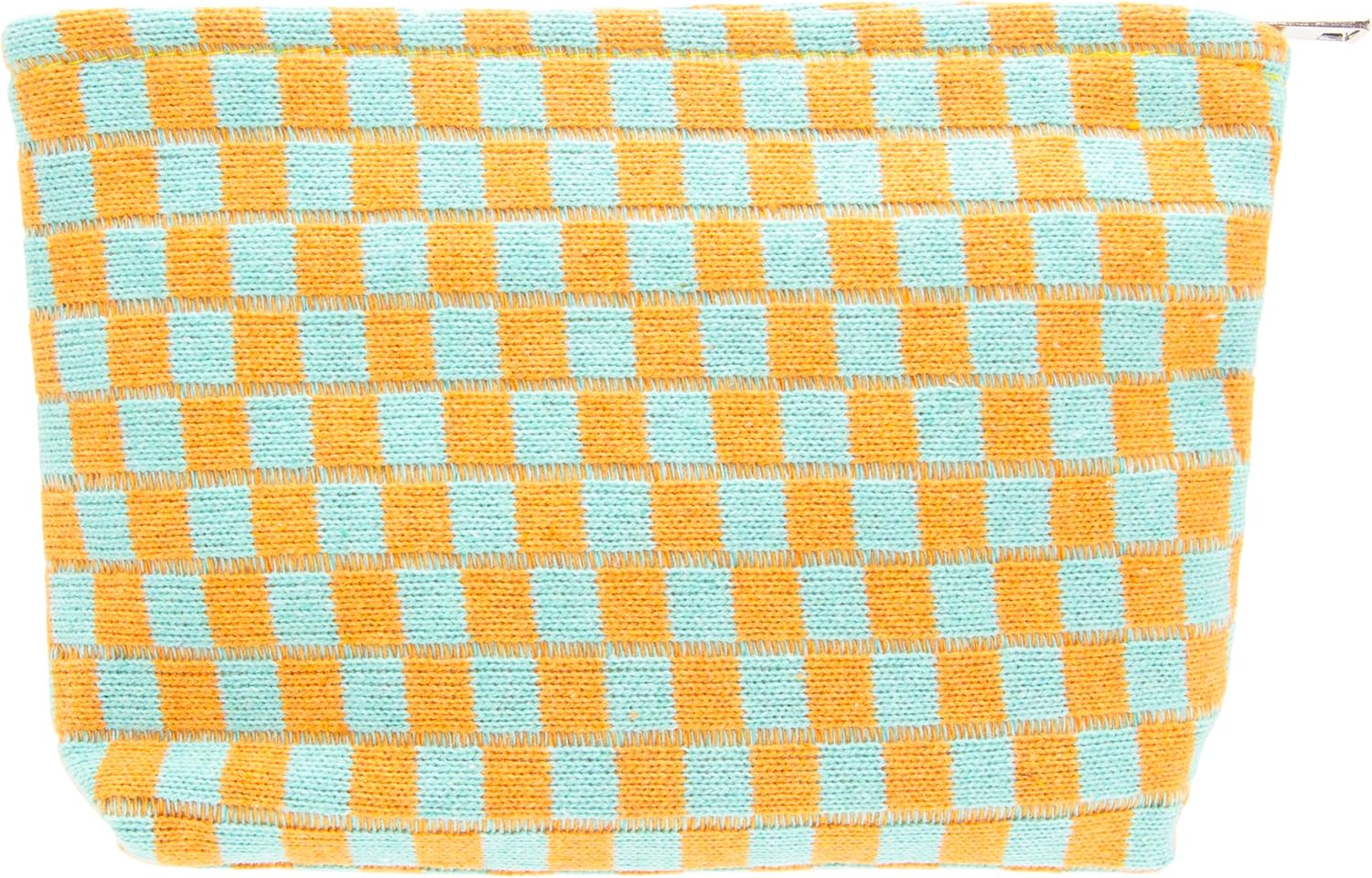 PAZIMIIK Knitted Checkered Makeup Bag Large Zipper Make Up Accessory Pouch for Purse Cosmetic Brush Bag for Travel Essential Orange Green