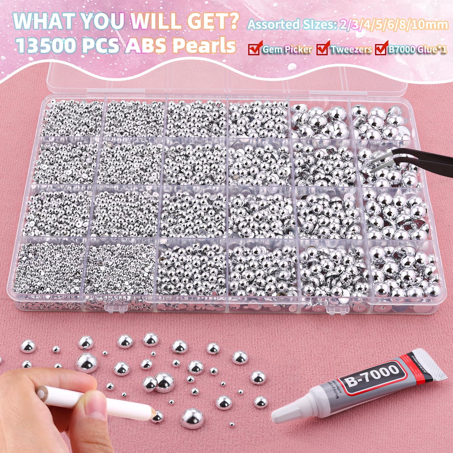 13500Pcs Flatback Pearls for Bedazzling (Silver) with B7000 Jewelry Glue, Assorted Size 2/3/4/5/6/8/10mm Half Pearl, Bedazzling Gems for Crafting Clothing Tumbler Shoes Embellishment Nail Art