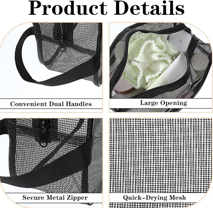 Mesh Shower Caddy Bag, Portable Rectangle Toiletry Bags Quick Dry Tote Bag with Zipper Toiletry Organizer Bags for Gym Travel Camping College Dorm Room Bathroom(9.8x4.3x6.3in)