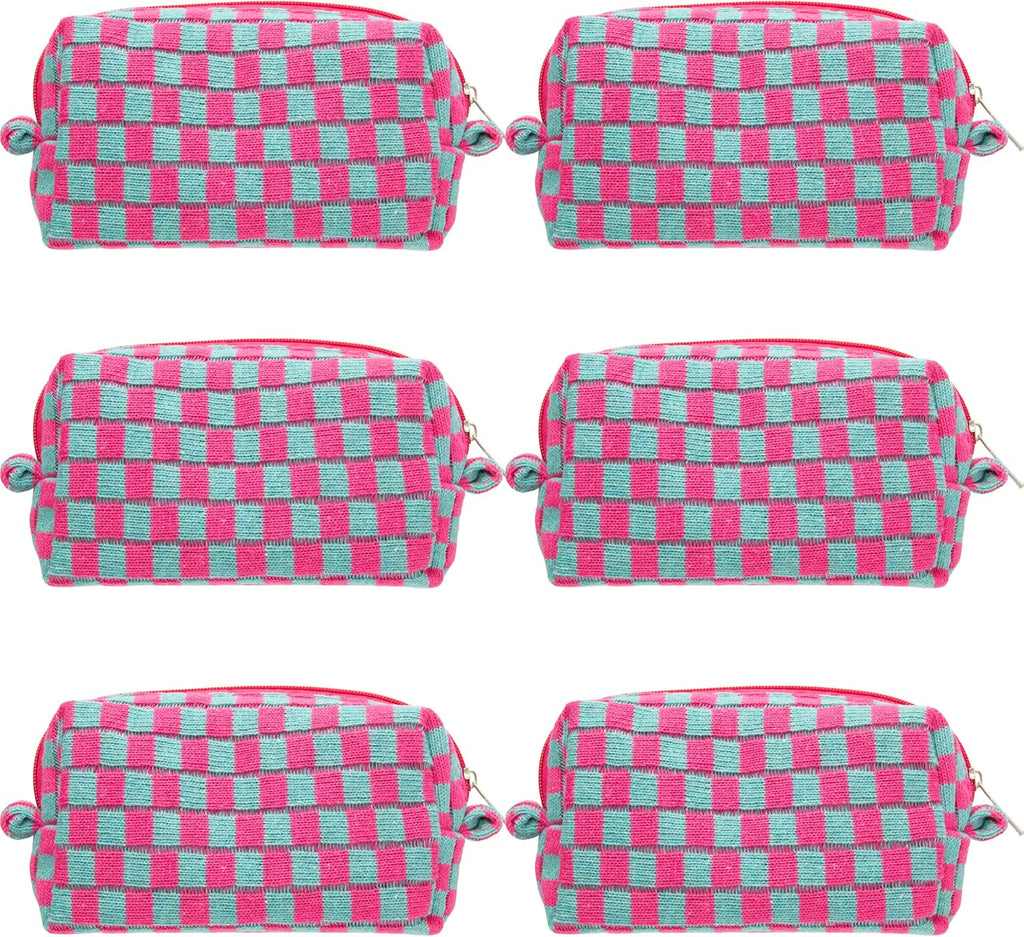 PAZIMIIK Checkered Makeup Bag for Purse Portable Zipper Make Up Pouch Small Cosmetic Case for Travel Accessories (6PCS Magenta Green)