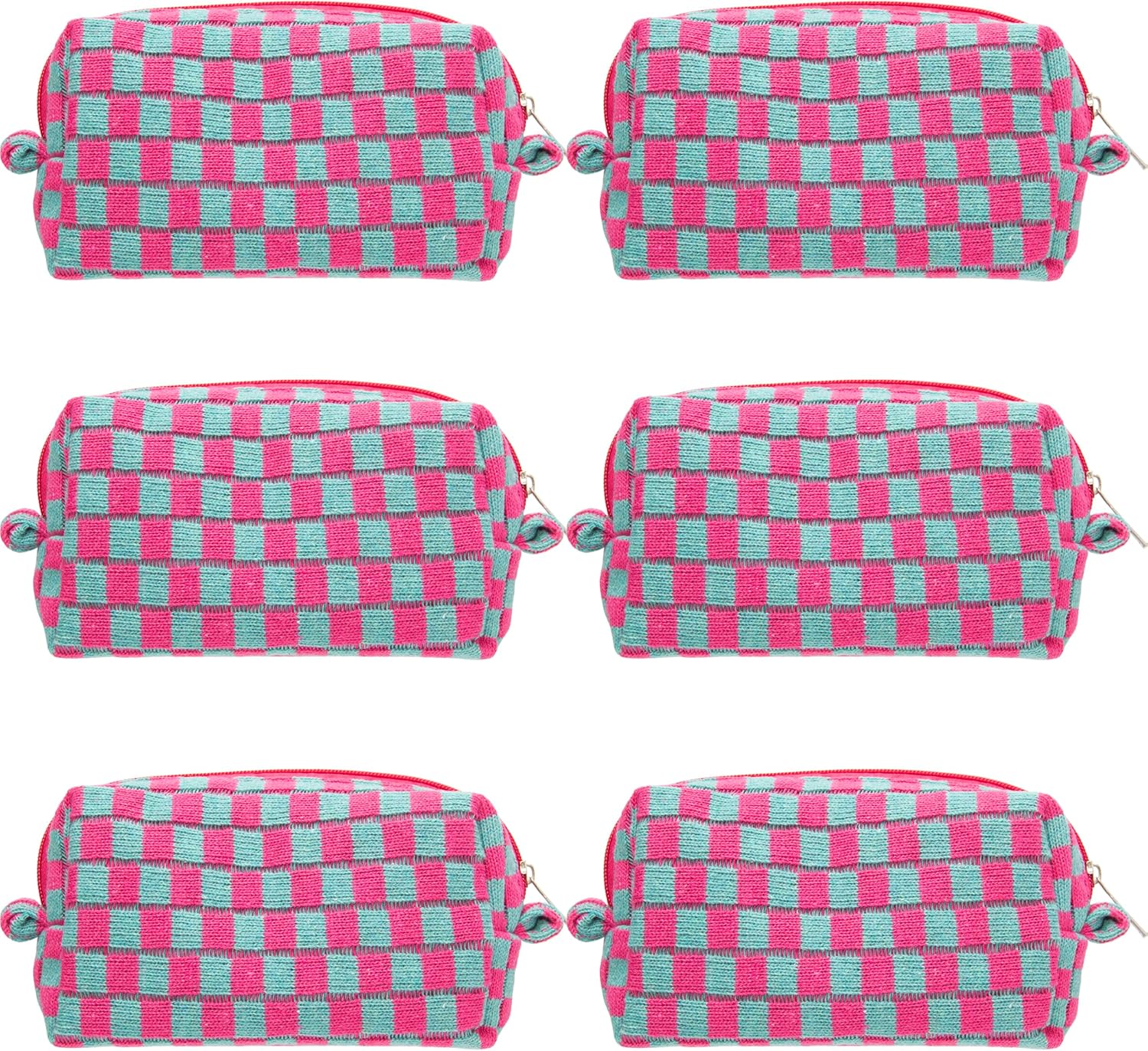 PAZIMIIK Checkered Makeup Bag for Purse Portable Zipper Make Up Pouch Small Cosmetic Case for Travel Accessories (6PCS Magenta Green)