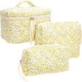 PAZIMIIK 3PCS Makeup Bag SET Large Travel Quilted Zipper Soft Cosmetic Case Pouch for Women Girls Make Up,Floral Yellow