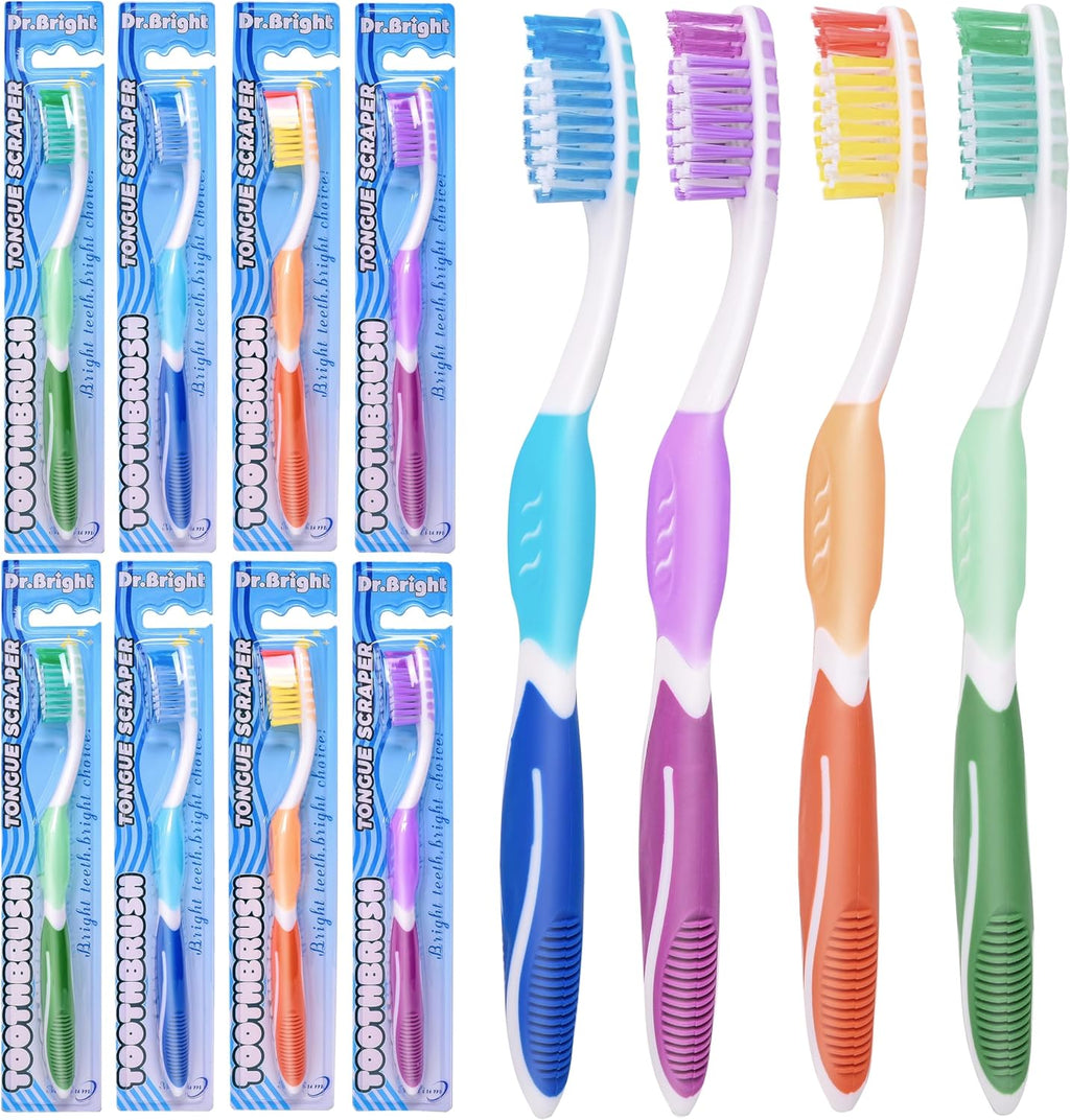 Toothbrush Medium Adults, Medium Toothbrushes for Adults with Tongue Scraper, Travel Toothbrushes with Ergonomic Handle, Assorted Colors, 8 Pack