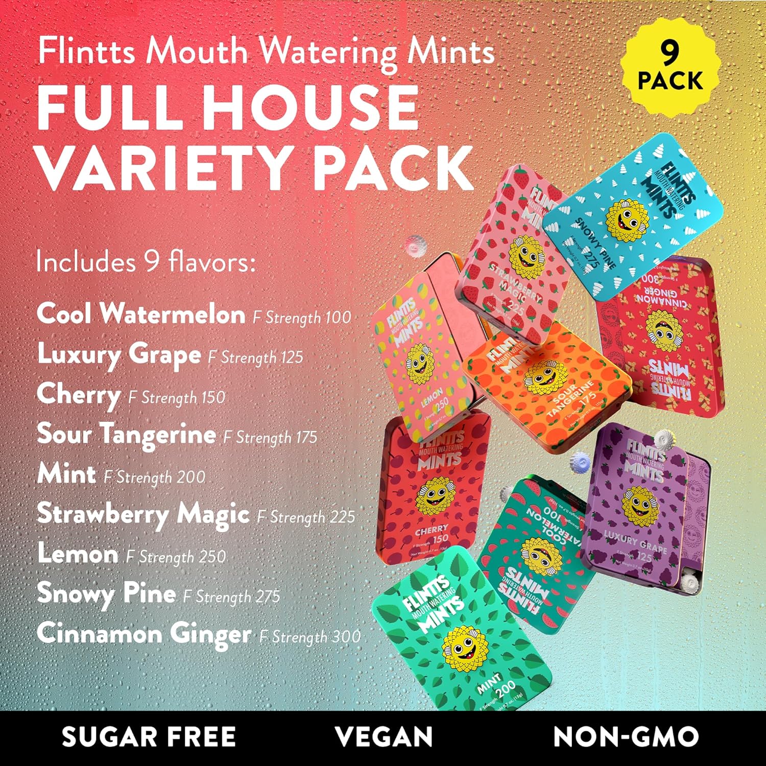 Flintts Mints Full House – Sugar Free Mouthwatering Mints for Dry Mouth Relief & Freshness – Vegan Oral Health Support with Sparkle Effect – Pocket Travel Saliva Substitute, Lozenges Alternative, Variety Pack