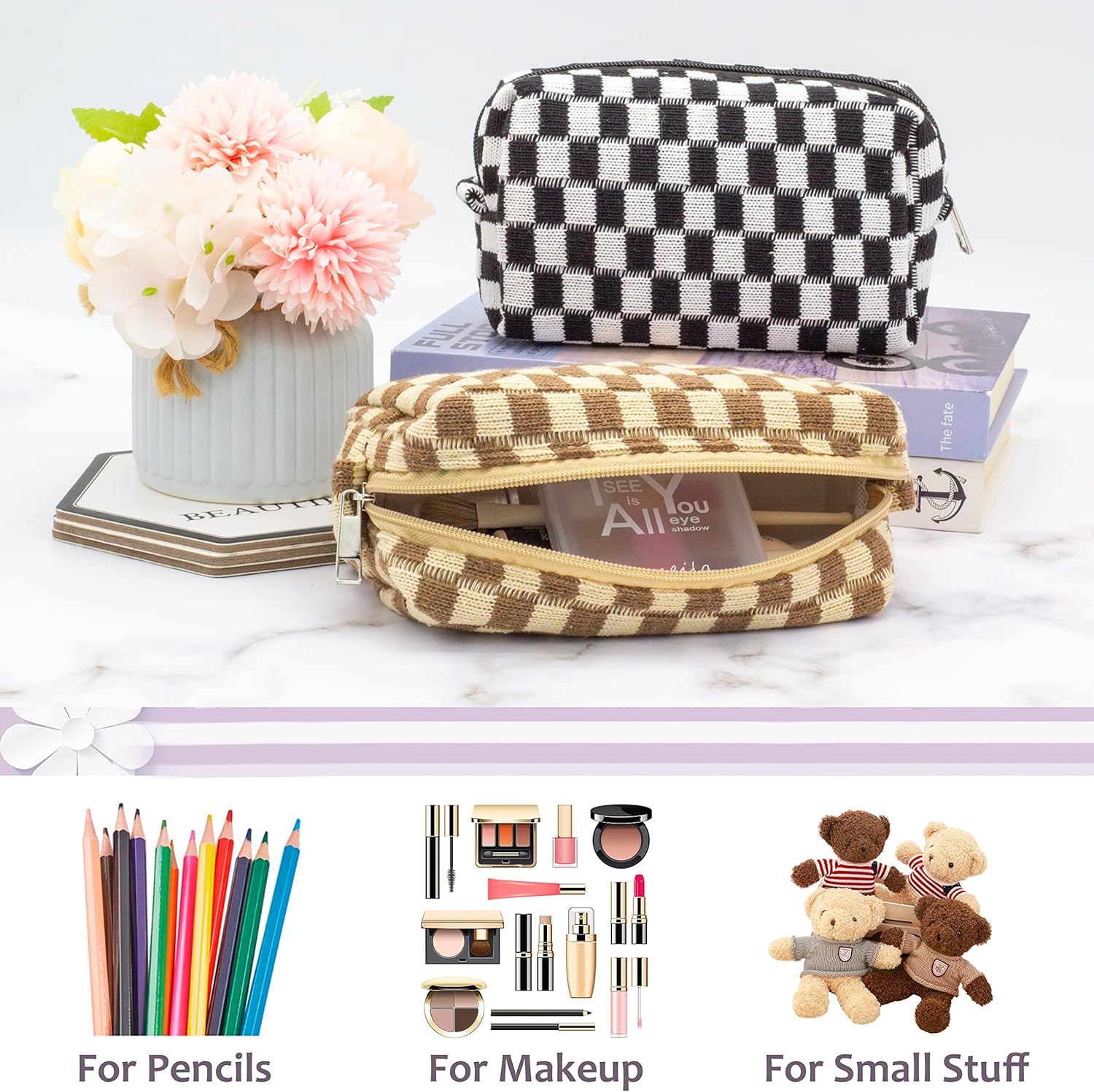 PAZIMIIK Checkered Makeup Bag for Purse Portable Zipper Make Up Pouch Small Cosmetic Case for Travel Accessories (6PCS Mix Color)