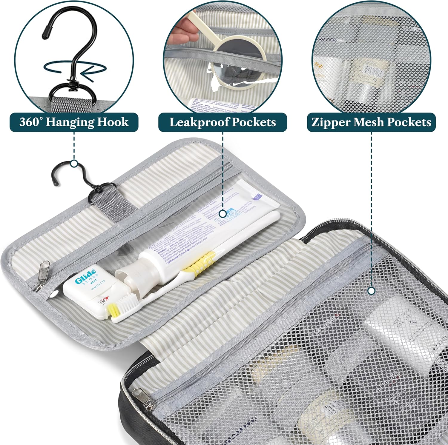 PAVILIA Hanging Toiletry Bag Travel Bag Women Men, Foldable Cosmetic Organizer, Roll up Makeup Bag, Water Resistant Accessories Toiletries, Large Travel Essentials Kit (Black Gold)