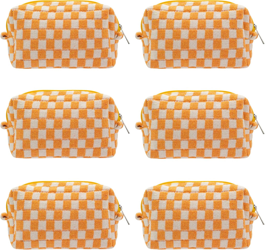 PAZIMIIK Checkered Makeup Bag for Purse Portable Zipper Make Up Pouch Small Cosmetic Case for Travel Accessories (6PCS Orange)