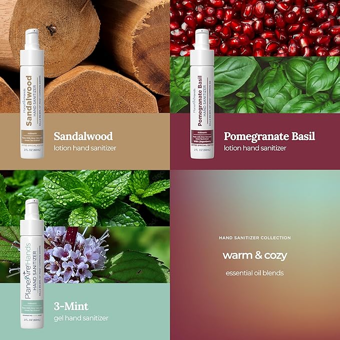Warm & Cozy Limited Edition Holiday Variety 3pk Hand Sanitizer | Sandalwood and Pomegranate Basil Lotions, 3-Mint Gel | Travel Size | Made with Aloe Vera & Essential Oils | Rich in Vitamin E