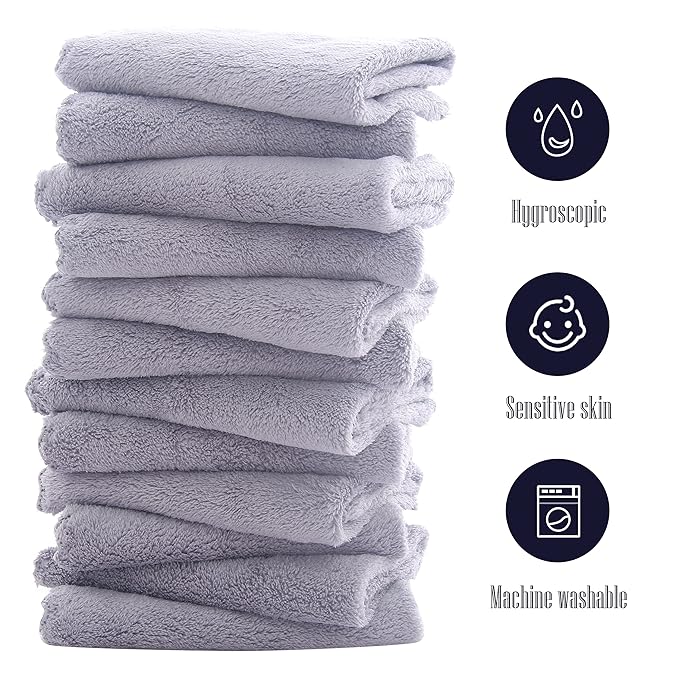 16 Pack Baby Washcloths - Luxury Coral Fleece - Extra Absorbent and Soft Wash Clothes for Newborn, Infants and Toddlers - Suitable for Sensitive Skin and New Born - Baby Shower - Light Grey,10x10 Inch