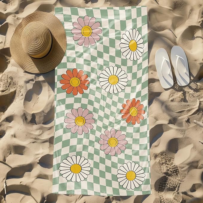 Sage Green Checkered Daisy Floral Beach Towel, Checkered Daisy Pool Towels, Groovy Flower Preppy Large Beach Bath Travel Towels for Swimming Camping, Sage Green Groovy Bathroom Decor, 30x60in