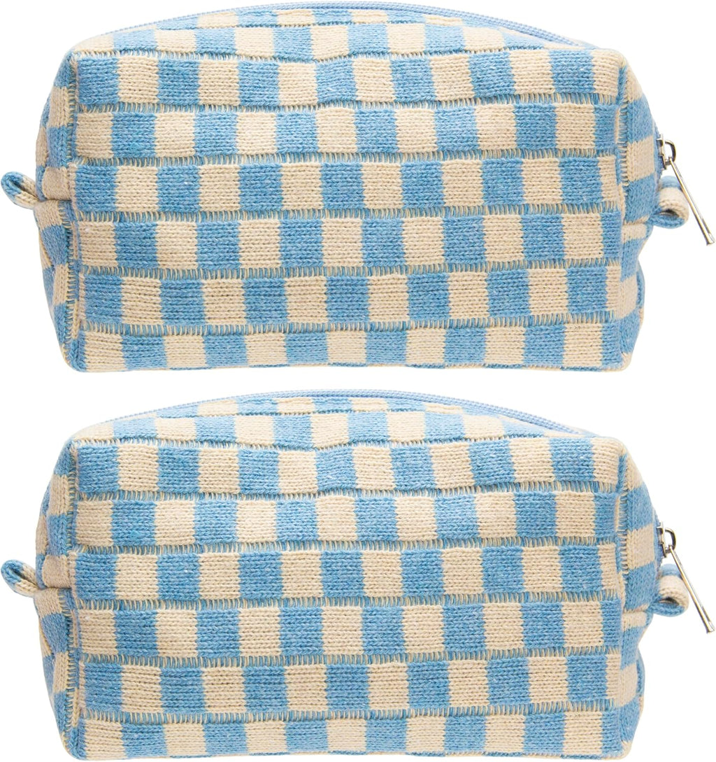 PAZIMIIK 2PCS Checkered Makeup Bag for Purse Portable Zipper Make Up Pouch Small Cosmetic Case for Travel Accessories Blue Beige
