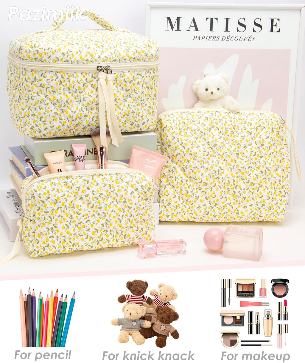 PAZIMIIK 3PCS Makeup Bag SET Large Travel Quilted Zipper Soft Cosmetic Case Pouch for Women Girls Make Up,Floral Yellow