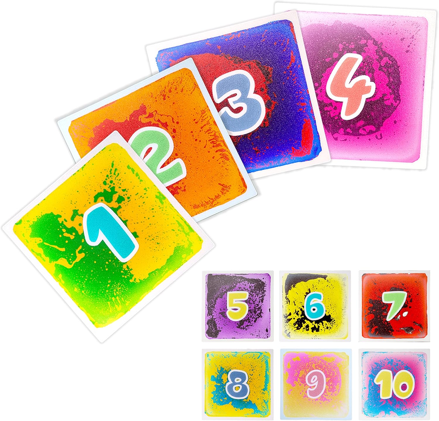 10-Pack Numbered Liquid Sensory Tiles, 12" x 12" Activity Play Mats for Toddlers Kids Boys Girls, Colorful Sensory Water Mat, Floor Activity Mat, Childhood Educational Toddler Learning Toys