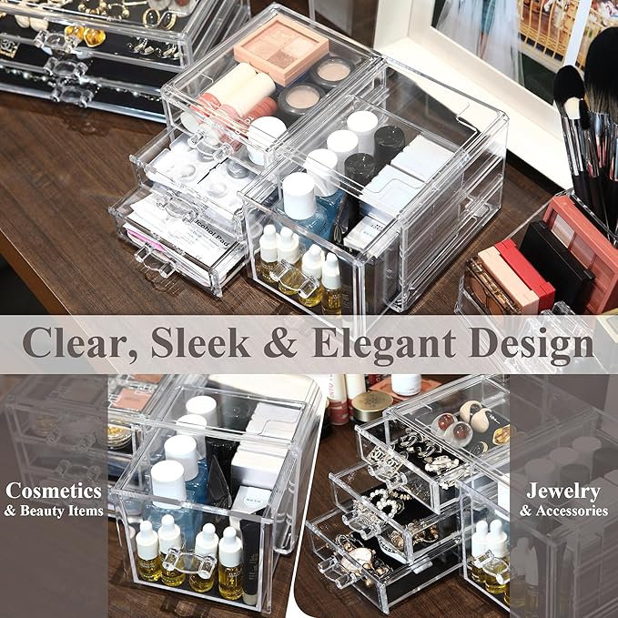 Sea Team Clear Makeup Organizer with Drawers, Acrylic Plastic Cosmetic Display Case, Jewelry Storage Box, Holder for Dresser, Bathroom, Vanity, Countertop (1 Large, 3 Small Drawers)