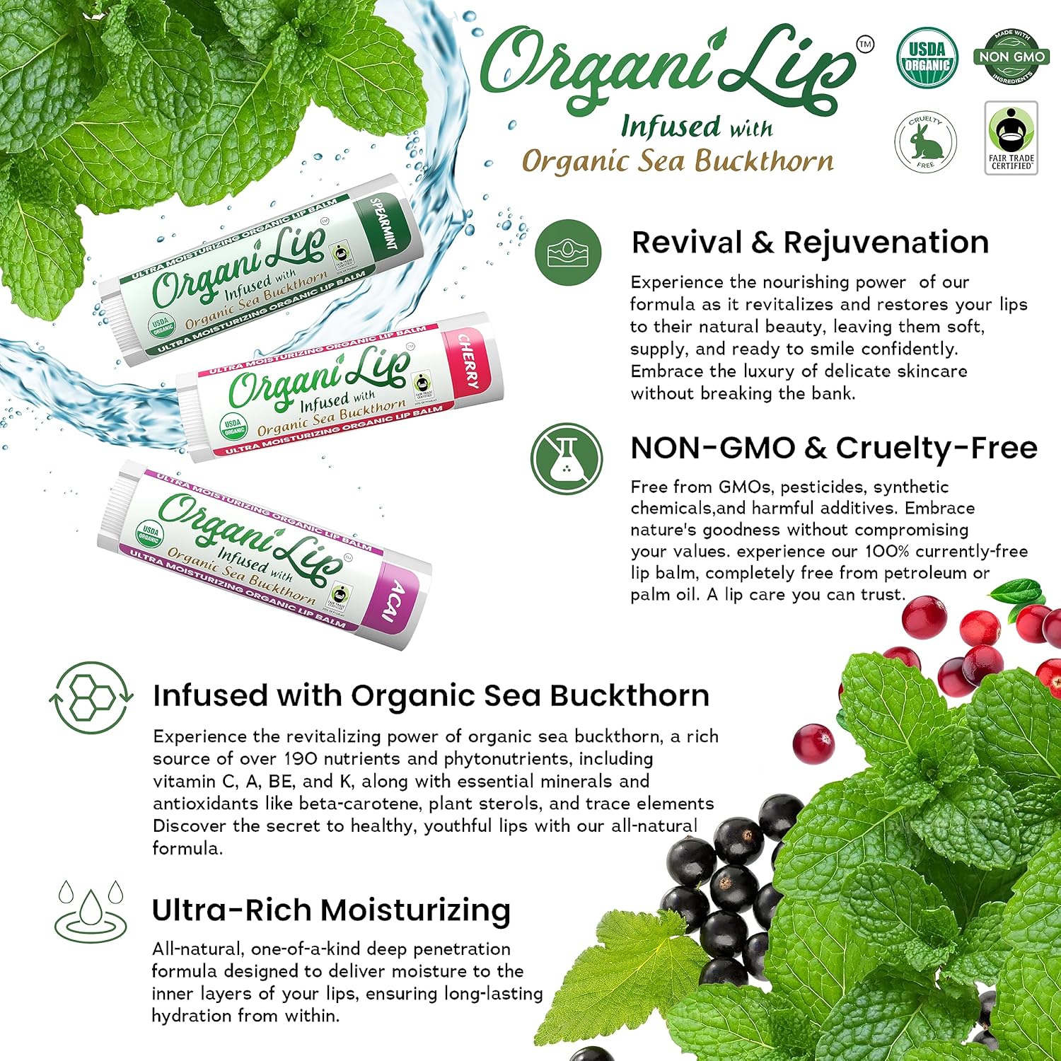 OrganiLip Organic Lip Balm, Variety3 Pack (Spearmint, Cherry, Acai), Ultra Hydrating Lip Moisturizer for Dry Lips, USDA Certified Organic,
