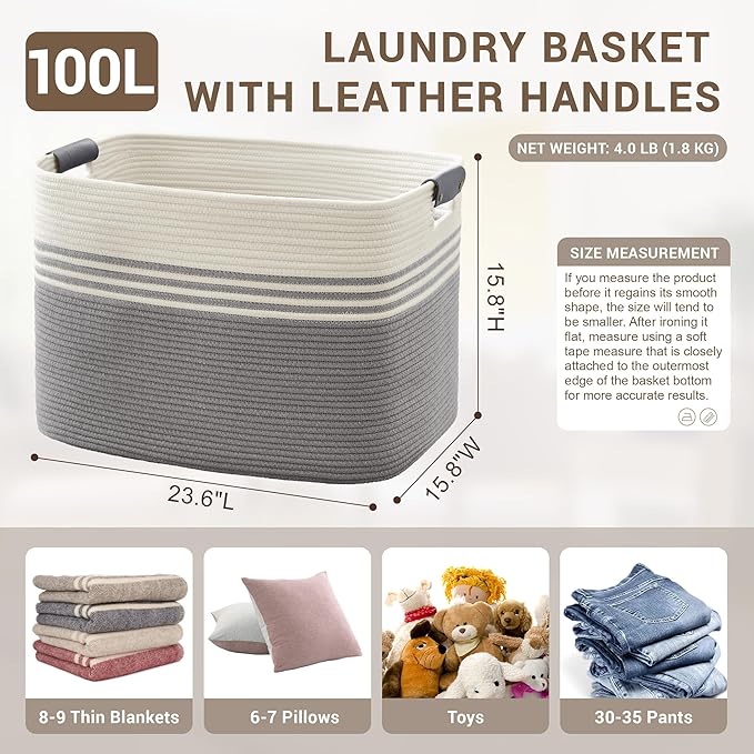 100L Extra Large Laundry Basket with Leather Handles for Living Room Storage, Woven Rope Baskets for Blanket, Kids Toy, Gifts, Wicker Hamper for Bedroom Dirty Clothes, 24"x16"x16" White Grey