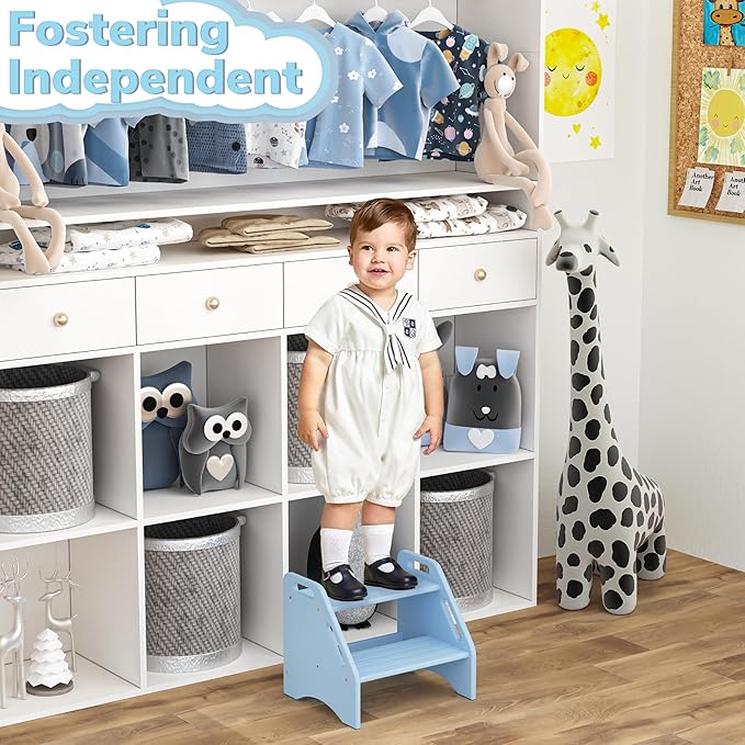 AMBIRD Wooden Step Stool, Two Step Stools 300 lbs Capacity with Safety Non-Slip Pads and Handles, Bamboo Step Stool for Bathroom, Kitchen Dual Height Step Stools for Kids (Sky Blue)