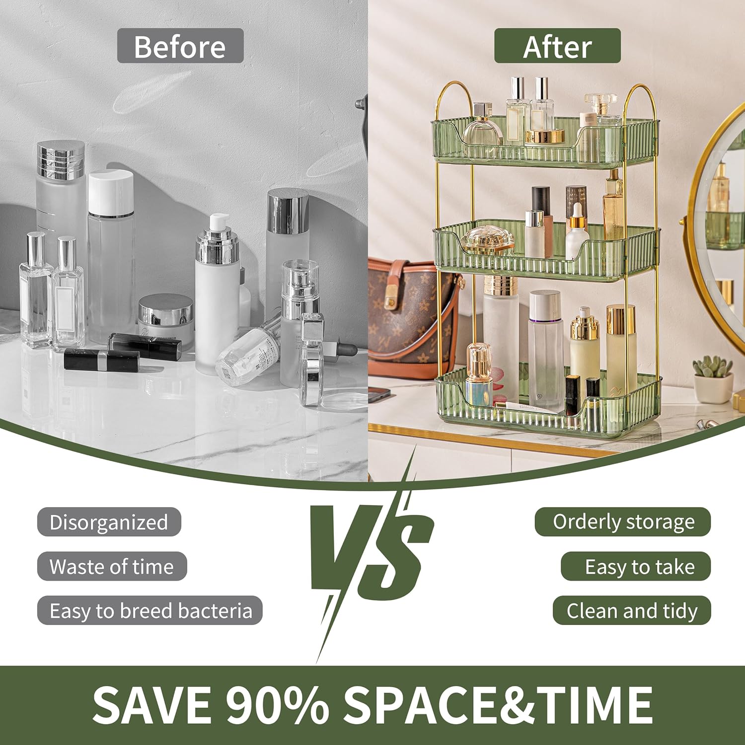 YCIA&DONE Bathroom Organizer Countertop, Makeup Storage, Skincare Cosmetic Tray Shelf, Perfume Holder Rack for Vanity Counter, Large Capacity, Easy to Install, Clean, 3 Tiers, Vintage Green