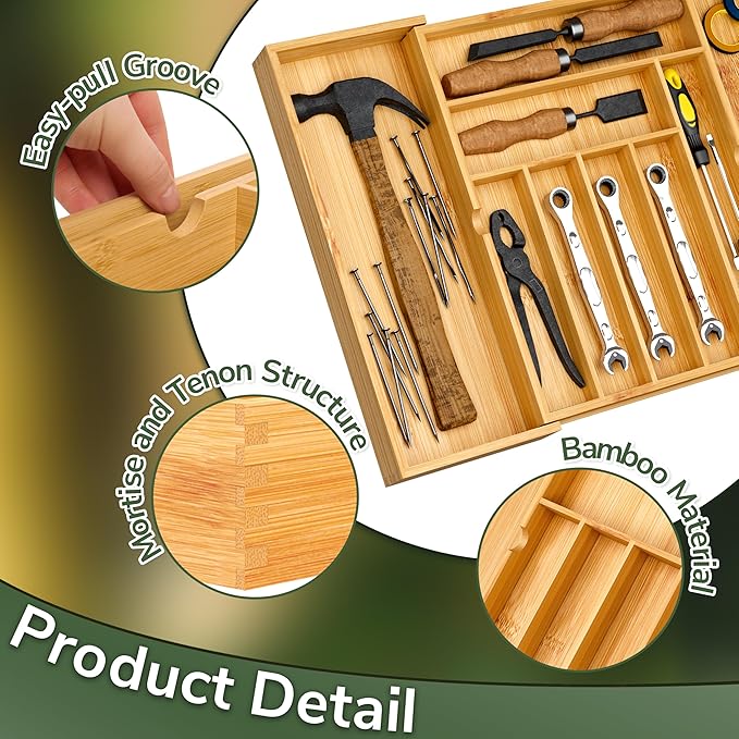 BAMEOS drawer organizer flatware organizer cutlery tray silverware organizer expandable adjustable bamboo drawer organizer kitchen bathroom