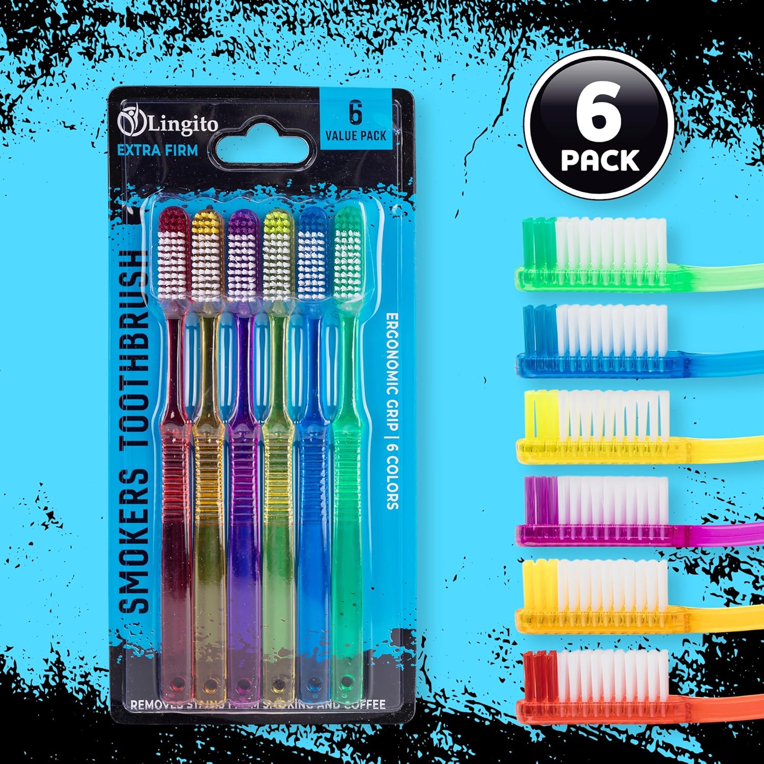 Extra Firm Toothbrush Set for Adults or Smokers Travel Toothbrush Kit, Hard Multicolor Denture Brush, Large Head, Manual Travel Toothbrush Hard Bristles (Transparent - 6 Pack)