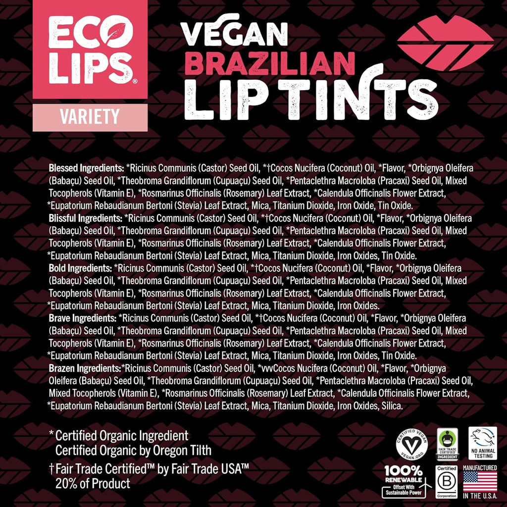 Eco Lips Vegan Cruelty-Free Brazilian Lip Tint Variety Pack - 100% Natural Lip Balm (Blessed, Blissful, Brave, Brazen, Bold) (5 Pack) | Made in USA