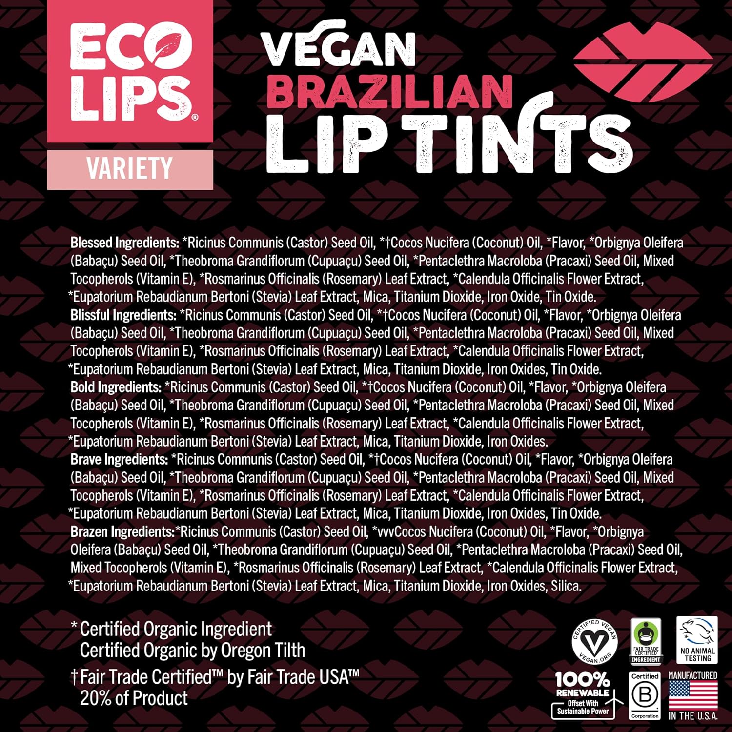 Eco Lips Vegan Cruelty-Free Brazilian Lip Tint Variety Pack - 100% Natural Lip Balm (Blessed, Blissful, Brave, Brazen, Bold) (5 Pack) | Made in USA