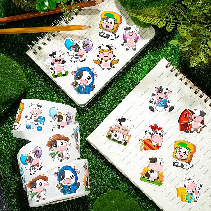 1200 Pcs Cute Cows Stickers for Kids 2 Roll Water Bottle Farm Stickers 2 Roll Sticker for Teacher Reward School Supplies Incentives Cow Party Favors (16 Styles)