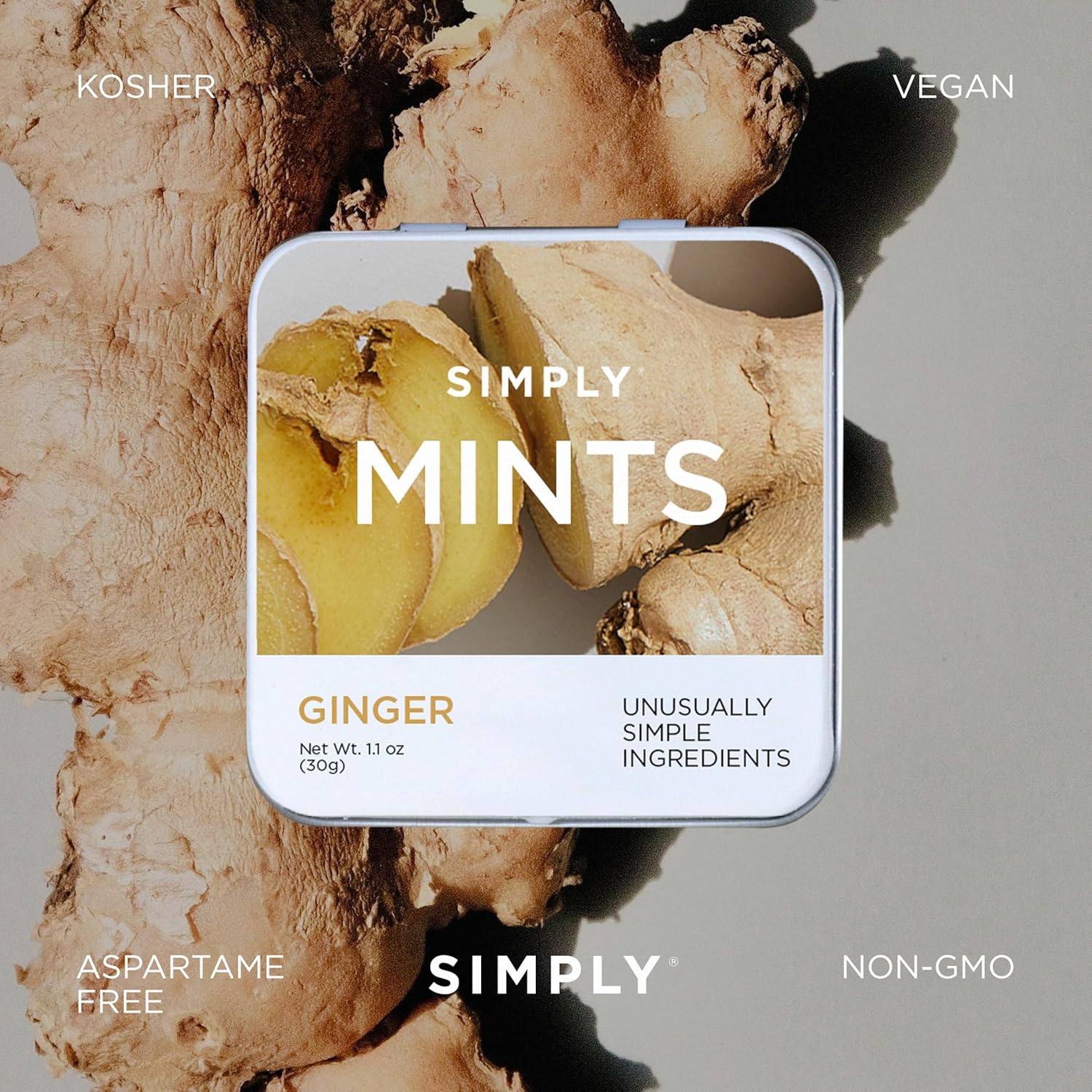 SIMPLY Mints | Ginger Breath Mints | Pack of Six (180 Pieces Total) | Made With Real Ginger + Good for Nausea + Aspartame-Free + Vegan + non-GMO