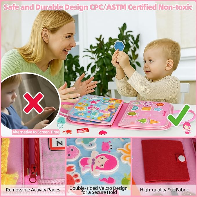 Toddler Busy Board Montessori Toys for 3 Year Old Birthday Gifts for Kids 10 Pages in 1 Soft Felt Activity Book Develop Fine Skills Educational Learning Sensory Travel Toys for Airplane Car