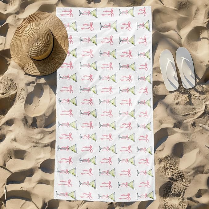 Pink Bow Martini Beach Towel, Gifts for Martini Lovers Women Girls Pool Towels, Pink Preppy Coquette Bow DirtyMaritni Large Beach Bath Travel Towels for Bathroom Swimming Camping, 30x60in