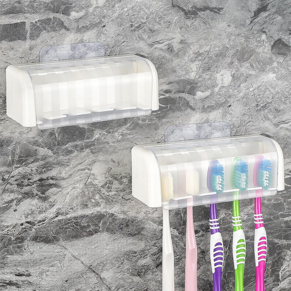 2 Pack 5 Slots Wall Mount Toothbrush Holder with Cover, Self Adhesive Toothbrush Storage Organizer for Shower, Toothbrush Hanger for Bathroom, Medicine Cabinet, Dorm