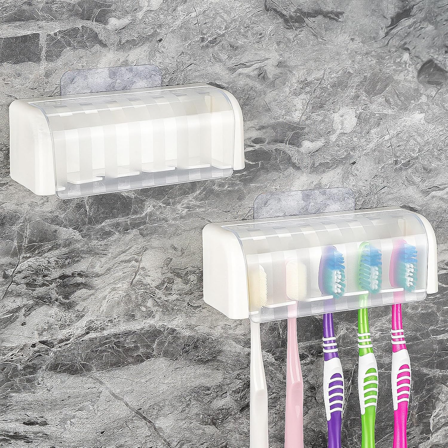 2 Pack 5 Slots Wall Mount Toothbrush Holder with Cover, Self Adhesive Toothbrush Storage Organizer for Shower, Toothbrush Hanger for Bathroom, Medicine Cabinet, Dorm