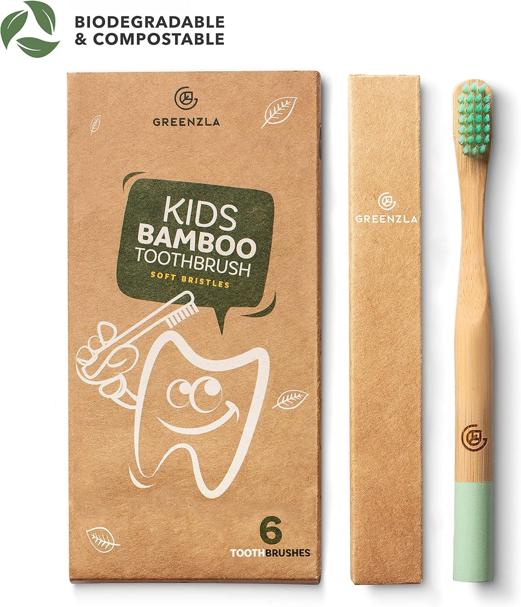 GREENZLA Kids Bamboo Toothbrushes, Natural Toothbrush Set, Soft Bristles, Durable Charcoal Wooden Brushes, Compostable Design for Toddlers and Children, 6 Pack